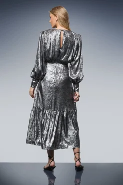 Robe Midi en Lamé à Manches Bouffantes