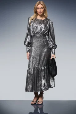Robe Midi en Lamé à Manches Bouffantes