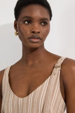 Robe midi en lin rayé ajustée à bretelles et ourlet asymétrique