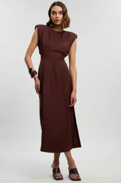 Robe Midi en Lin Tissé à Pinces en Viscose