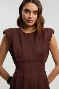 Robe Midi en Lin Tissé à Pinces en Viscose