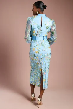 Robe Midi en Maille Brodée avec Nœud Lavallière