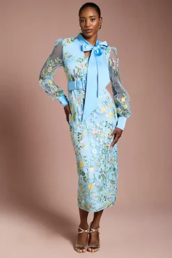 Robe Midi en Maille Brodée avec Nœud Lavallière