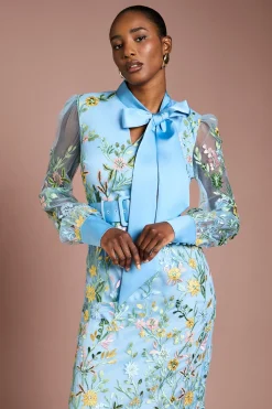 Robe Midi en Maille Brodée avec Nœud Lavallière