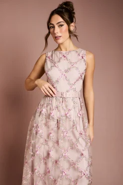 Robe Midi en Maille Brodée de Fleurs Métallisées
