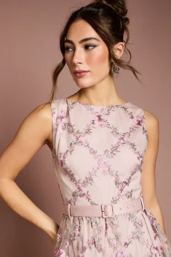 Robe Midi en Maille Brodée de Fleurs Métallisées
