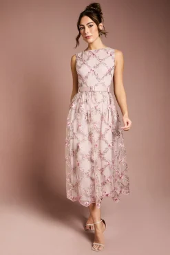 Robe Midi en Maille Brodée de Fleurs Métallisées