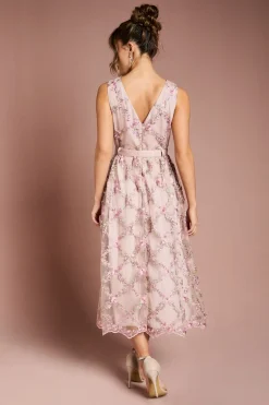 Robe Midi en Maille Brodée de Fleurs Métallisées