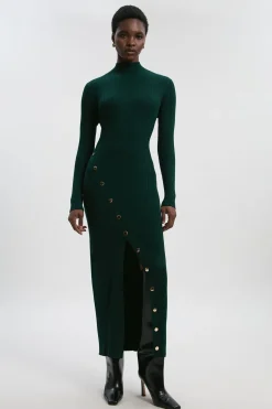 Robe Midi en Maille Mélange Viscose avec Détail de Pressions Fendue