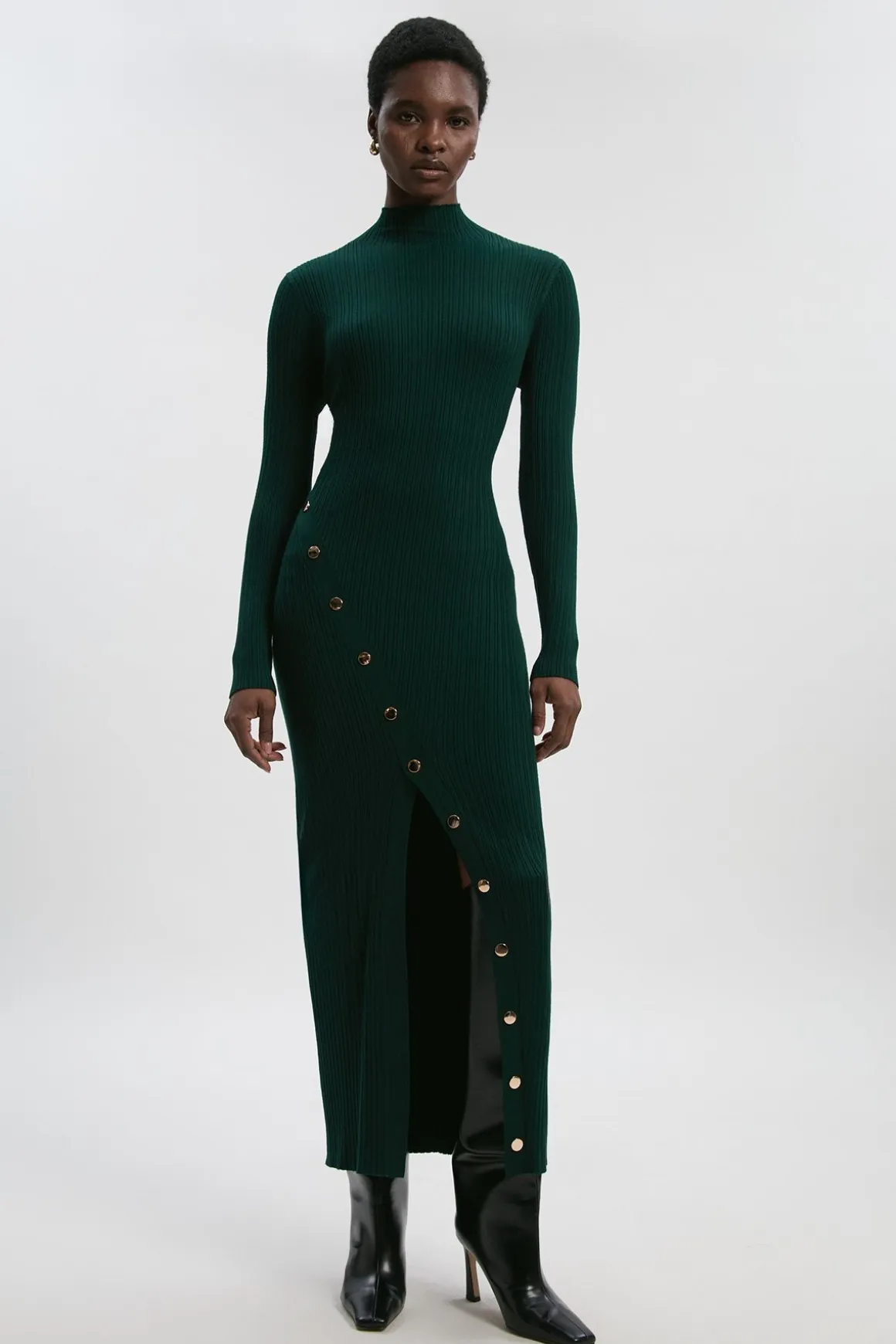 Robe Midi en Maille Mélange Viscose avec Détail de Pressions Fendue