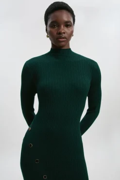 Robe Midi en Maille Mélange Viscose avec Détail de Pressions Fendue