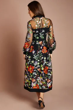 Robe Midi En Mesh Brodé À Manches Longues Et Col À Nouer