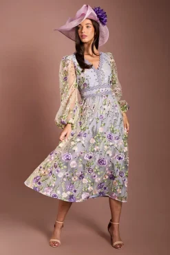 Robe Midi En Mesh Brodé À Manches Longues Lisa Tan