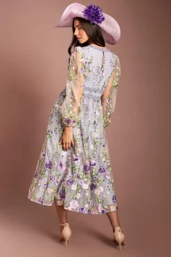Robe Midi En Mesh Brodé À Manches Longues Lisa Tan
