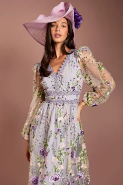 Robe Midi En Mesh Brodé À Manches Longues Lisa Tan