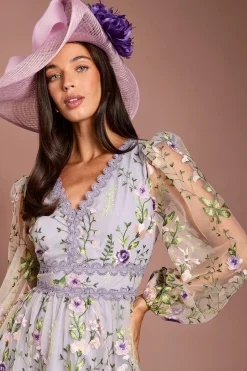 Robe Midi En Mesh Brodé À Manches Longues Lisa Tan