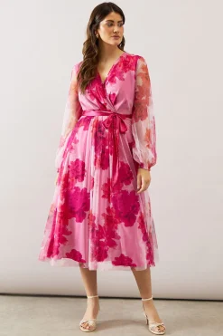 Wallis Robe Midi en Mesh Floral avec Lien en Satin<Femme Robes Mi-Longues|Satin Et Dentelle