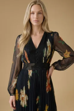 Robe Midi En Mesh Floral À Col V Avec Détail Boutonné