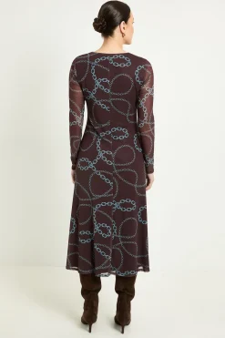 Robe Midi En Mesh À Imprimé Chaîne Avec Fronces Sur Le Devant