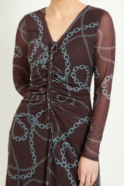 Robe Midi En Mesh À Imprimé Chaîne Avec Fronces Sur Le Devant