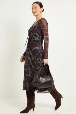 Robe Midi En Mesh À Imprimé Chaîne Avec Fronces Sur Le Devant