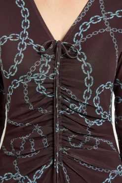 Robe Midi En Mesh À Imprimé Chaîne Avec Fronces Sur Le Devant