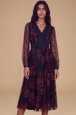 Robe Midi En Mesh Imprimé À Détail Boutonné Col V Petite