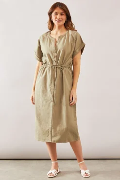 Robe Midi En Mélange De Lin Avec Boutons Et Cordon De Serrage