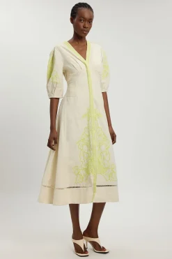 Robe Midi En Mélange De Lin Avec Broderie Perlée Et Ajourée