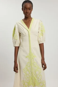 Robe Midi En Mélange De Lin Avec Broderie Perlée Et Ajourée