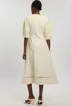 Robe Midi En Mélange De Lin Avec Broderie Perlée Et Ajourée