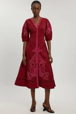 KarenMillen Robe Midi En Mélange De Lin Avec Broderie Ajourée Perlée<Femme Robes|Robes Mi-Longues