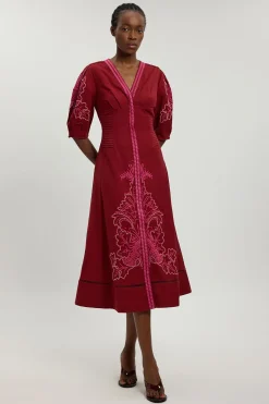 KarenMillen Robe Midi En Mélange De Lin Avec Broderie Ajourée Perlée<Femme Robes|Robes Mi-Longues