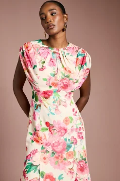 Robe Midi en Mousseline Florale à Manches Courtes