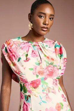 Robe Midi en Mousseline Florale à Manches Courtes