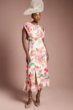 Robe Midi en Mousseline Florale à Manches Courtes