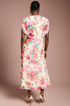 Robe Midi en Mousseline Florale à Manches Courtes