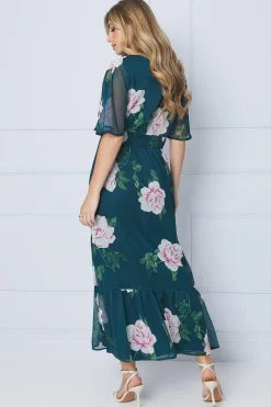Robe Midi en Mousseline Florale à Taille Froncée et Ourlet à Volants
