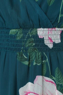Robe Midi en Mousseline Florale à Taille Froncée et Ourlet à Volants