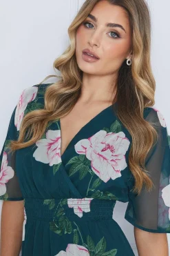 Robe Midi en Mousseline Florale à Taille Froncée et Ourlet à Volants