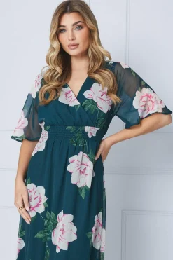 Robe Midi en Mousseline Florale à Taille Froncée et Ourlet à Volants