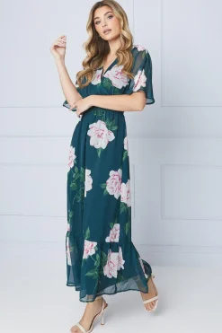 Robe Midi en Mousseline Florale à Taille Froncée et Ourlet à Volants