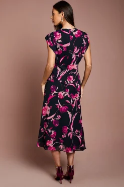 Robe Midi en Mousseline Florale à Manches Courtes