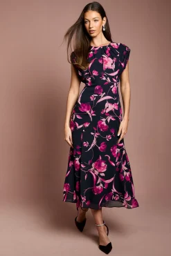 Robe Midi en Mousseline Florale à Manches Courtes