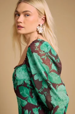 Oasis Robe Midi en Mousseline Imprimée avec Détail aux Épaules et Dos Froncé<Femme Robes Mi-Longues|Robes À Manches Longues