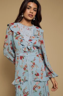 Robe Midi En Mousseline Imprimée Avec Détails De Dentelle Et Volants Pour Petite Taille