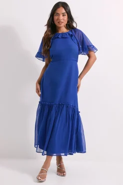 Dorothy Perkins Robe Midi en Mousseline Imprimée à Volants Bleu Petite avec Manches Cape à Étages<Femme Robes Mi-Longues|Robes