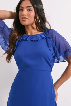 Dorothy Perkins Robe Midi en Mousseline Imprimée à Volants Bleu Petite avec Manches Cape à Étages<Femme Robes Mi-Longues|Robes