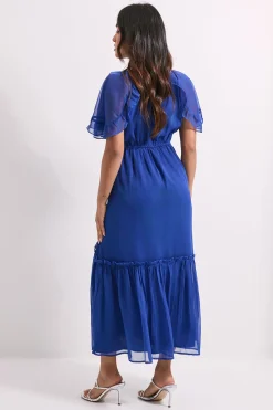 Dorothy Perkins Robe Midi en Mousseline Imprimée à Volants Bleu Petite avec Manches Cape à Étages<Femme Robes Mi-Longues|Robes