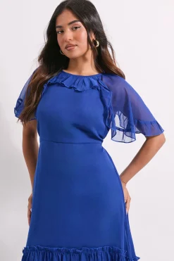 Dorothy Perkins Robe Midi en Mousseline Imprimée à Volants Bleu Petite avec Manches Cape à Étages<Femme Robes Mi-Longues|Robes